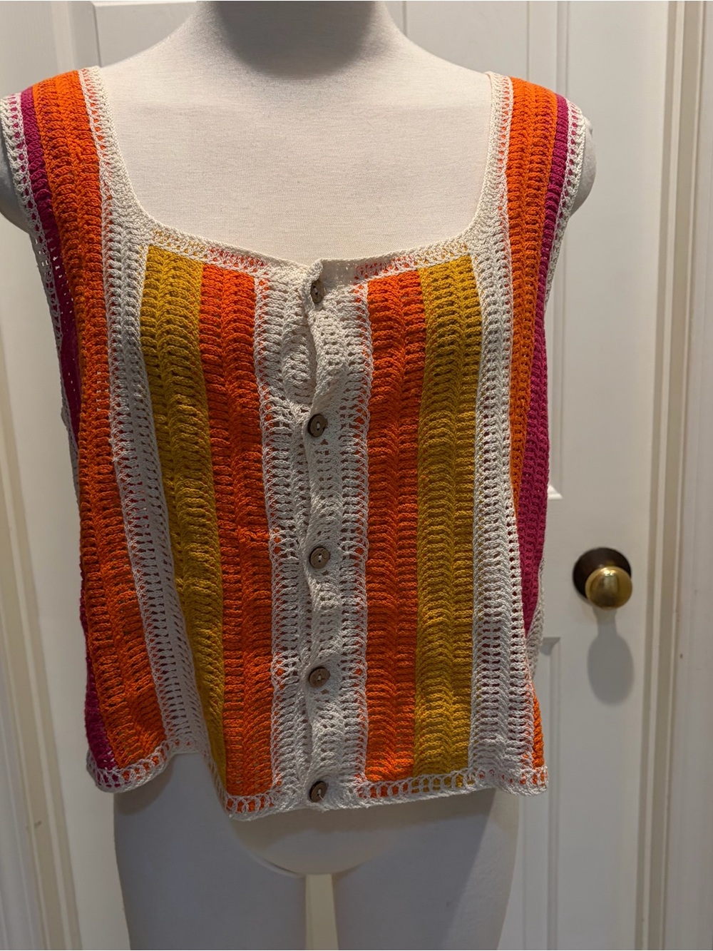 Striped Crochet Button-Front Tank Top in Orange, Yellow & Pink